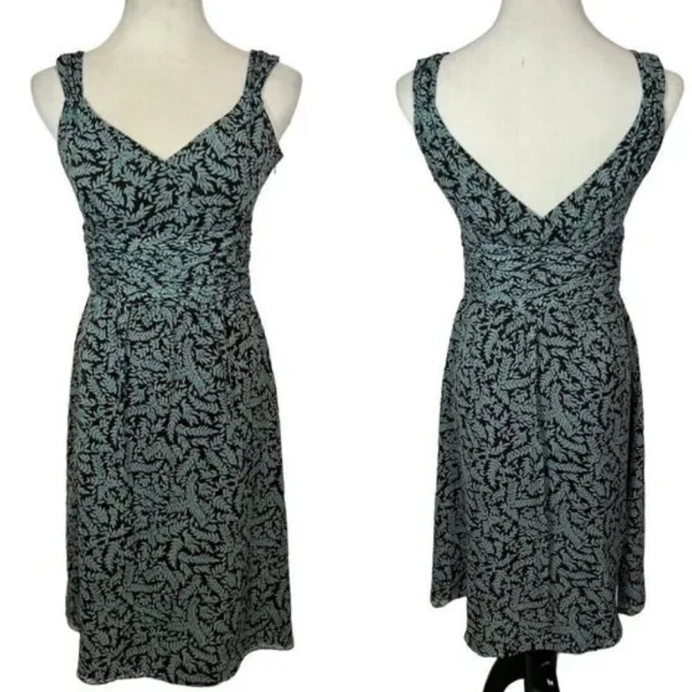 Ann Taylor 100% Silk Brown + Blue Botanical Leaf Print Dress - Size 4